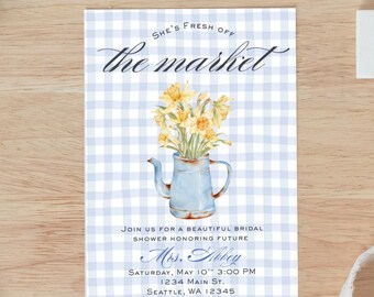 Sie ist frisch aus dem Markt Brautparty-Einladung Gelbe Narzissen digitaler Download Canva Vorlage