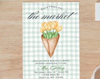 Sie ist aus dem Markt Brautparty-Einladung Gelbe Tulpen Grün Gingham digitaler Download Canva Vorlage