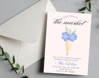 Sie ist frisch aus dem Markt Brautdusche Einladung blaue Hortensien digitaler Download Vorlage