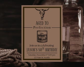Aged to Perfection Whisky Geburtstagseinladung für Erwachsene digitaler Download Canva Vorlage