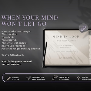 May include: A digital tablet displaying the Mind in Loop OCD Reset Planner with a stylus pen. The screen shows text including When it comes back, don't follow it. The interface features a sidebar with navigation icons and a link symbol icon.