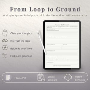 以下が含まれることがあります： 「Back to the Ground」ワークシートを表示するデジタルタブレット。画面にはスタイラスが置かれています。「From Loop to Ground」のテキストと、主要な概念を表すアイコンが含まれています。画像の下部には、「Fillable PDF」、「Simple structure」、「Instant download」のテキストがあります。