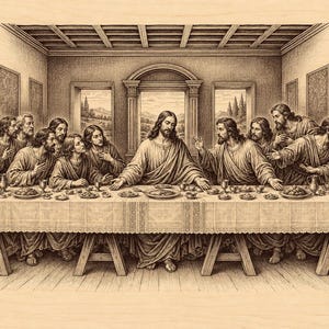 May include: A sepia-toned wood engraving depicting The Last Supper, featuring a central figure seated at a long table with twelve individuals. The scene includes detailed robes, a patterned tablecloth, various dishes, and an architectural background.