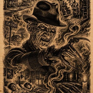 May include: A detailed wood-burned art piece featuring a central figure in a fedora and a striped sweater with a bladed glove. The scene includes a street sign labeled ELM STREET, a boiler room, and two people sleeping in a bed with a candle nearby.