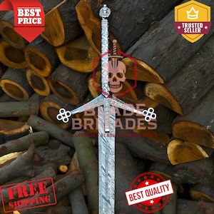 May include: A detailed image of a long, ornate sword with a silver blade and intricate handle design. The sword is set against a backdrop of wood logs. The image includes text that says "Blade Brigade" and "Best Price".