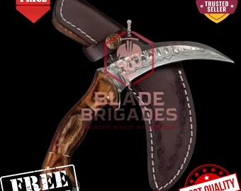 Coltello Karambit fatto a mano in acciaio Damasco / Fodero in pelle, manico in legno Pakka