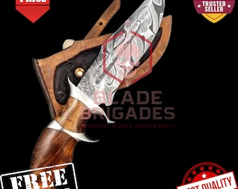 Damascus Steel Bowie Knife | Handmade Hunting Knife with Rosewood Handle & Leather Sheath