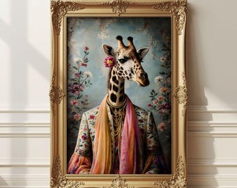 Anthropomorphic Giraffe Wall Art, Animal in Suit Portrait, Light Academia Fashion Animal Poster