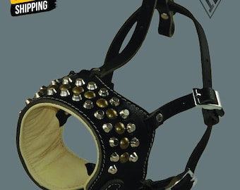 Leather Dog Muzzle, Studded Occlusion Regulator Face Guard, Adjustable Secure Safety Training Gear