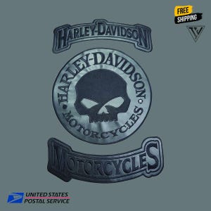 May include: A gray patch set featuring the Harley-Davidson logo and a skull design. The set includes three patches with the words "HARLEY-DAVIDSON" and "MOTORCYCLES". The background is a solid gray color.