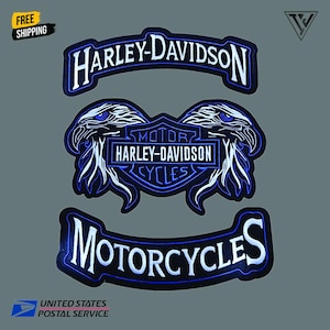 May include: Three Harley-Davidson patches with white lettering and blue accents. The top patch reads "HARLEY-DAVIDSON". The center patch features two eagle heads and the words "MOTOR HARLEY-DAVIDSON CYCLES". The bottom patch says "MOTORCYCLES".
