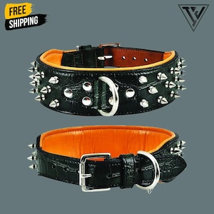 May include: Two black leather dog collars with silver spikes and hardware. The collars have an orange interior and are designed with a crocodile texture. The collars are displayed against a gray background.