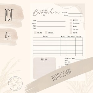 Könnte beinhalten: Ein PDF-A4-Bestellformular mit dem Wort "Bestellschein" oben. Das Formular enthält Felder für Name, Adresse und Kontaktinformationen sowie Abschnitte für Artikel, Menge und Preis. Das Formular hat auch einen Abschnitt für Notizen.