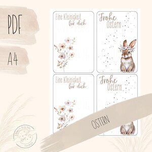 May include: Digital print featuring four Easter-themed cards. Two cards have floral arrangements and the text "Eine Kleinigkeit für dich." The other two cards have a bunny with a flower crown and the text "Frohe Ostern."