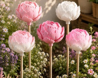May include: Five garden stakes featuring sculpted peony flower heads in shades of soft pink and white. Each flower is mounted on a slender, straight wooden pole, designed to be inserted into the ground among existing garden plants and flowers.