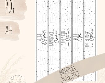 May include: A digital PDF print featuring Easter-themed gift tags. The tags have a white background with small black polka dots and include phrases like "Happy Easter" and "Little Easter Greetings" in elegant script. The file is labeled "A4" and "PDF".