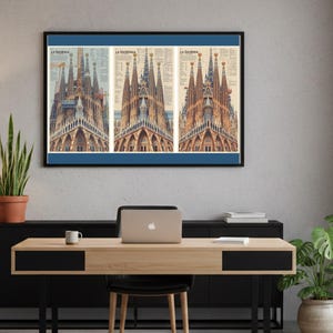 Arte mural sobre el proceso de construcción de la Sagrada Familia, póster de la arquitectura de Gaudí, imprimible sobre la historia de Barcelona, póster vertical