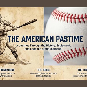 May include: An illustrated book cover titled "The American Pastime" featuring a baseball player swinging a bat and a baseball. The text describes a journey through the history, equipment, and legends of baseball. Includes the text "16 PCS" and "PDF DIGITAL DOWNLOAD PRINTABLE".