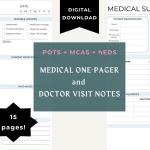 Formularios de resumen médico y notas de la visita al médico para POTS, MCAS y hEDS (descarga digital) / Preparación para la visita por enfermedad crónica