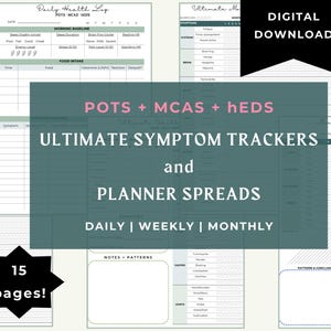 Può includere: Download digitale con tracker dei sintomi e modelli di pianificazione per uso giornaliero, settimanale e mensile. Il design include pagine per registri sanitari, monitoraggio dei sintomi e note. Il testo include "POTS + MCAS + hEDS" e "15 pages!"