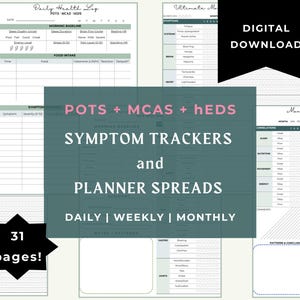 Può includere: Un download digitale di tracker dei sintomi e fogli di pianificazione per POTS, MCAS e hEDS. Le pagine includono registri giornalieri, settimanali e mensili con spazio per note e modelli. L'immagine mostra diverse pagine con testo, tra cui "Daily Health Log".