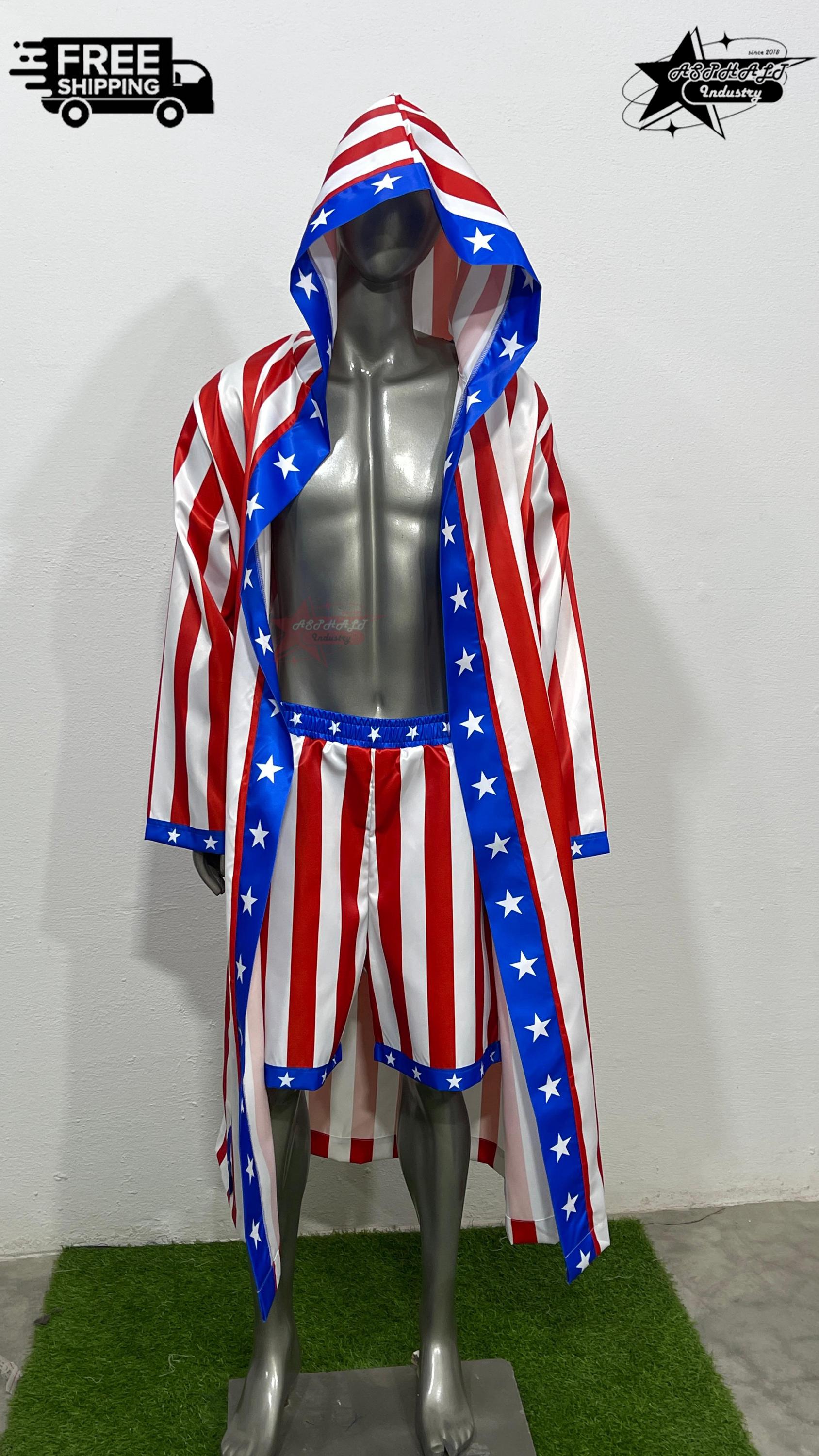 Custom USA Boxing Robe Satin Hooded American Flag Fightwear Shorts Patriotic Championship Walkout Outfit
