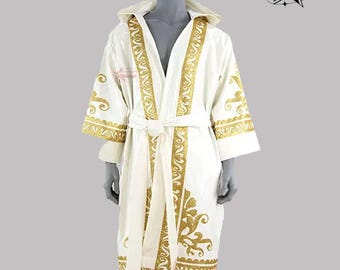 White Gold Boxing Robe Hooded Ring Walk Fighter Entrance Wear