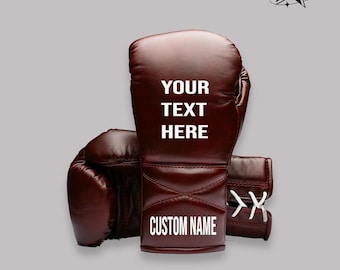 Personalized Burgundy Boxing Gloves Custom Name Genuine Leather Lace Up Training Sparring Gear