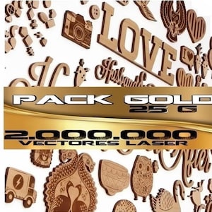 Puede incluir: Una colección de formas y palabras de madera cortadas con láser, que incluyen una cámara, corazones y la palabra "LOVE". La imagen también presenta la palabra "Husband" y varios elementos decorativos. El texto "PACK GOLD 25 G" es visible.