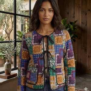 Puede incluir: Chaqueta patchwork con una mezcla de colores como azul, verde, morado y dorado. La chaqueta acolchada tiene un cierre de lazo en la parte delantera. Una prenda única y elegante.