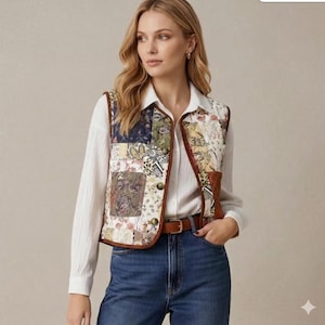 Puede incluir: Un chaleco patchwork con una variedad de cuadrados de tela estampada en tonos azules, verdes y crema. El chaleco tiene un ribete de cuero marrón y una parte delantera abotonada. La modelo lleva una camisa blanca y vaqueros azules.