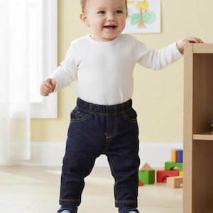 Puede incluir: Un bebé con una camiseta blanca de manga larga y pantalones vaqueros azul oscuro con costuras amarillas. El bebé también lleva zapatos azul oscuro. El bebé está de pie en una habitación con una estantería de madera y juguetes.