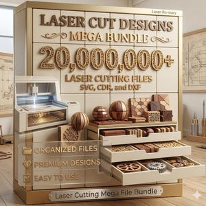 Puede incluir: Una exhibición con diseños cortados con láser y un cortador láser. El texto dice "LASER CUT DESIGNS MEGA BUNDLE" y "20.000.000+ LASER CUTTING FILES SVG, CDR, and DXF". También incluye el texto "ORGANIZED FILES", "PREMIUM DESIGNS" y "EASY TO USE".
