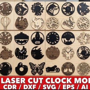 Puede incluir: Una colección de 140 modelos de relojes cortados con láser, con diseños variados, incluyendo referencias a la cultura popular y temas de la naturaleza. El texto "140 LASER CUT CLOCK MODELS" es visible. Ideal para decoración.