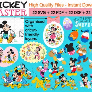 May include: A set of 22 digital cut files featuring Mickey Mouse and friends celebrating Easter. The designs include Mickey Mouse, Minnie Mouse, Donald Duck, Goofy, Pluto, and Easter eggs. The files are available in SVG, PDF, DXF, and PNG formats.  The text "Easter Surprises!" is included in the image.