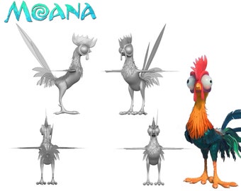 May include: A 3D model of a rooster from the animated film Moana. The model is shown from different angles, including a side view, a front view, and a back view. The rooster is gray and has a red comb and wattle.