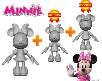 May include: A set of three grey plastic Minnie Mouse figurines. The figurines are in different poses and sizes. The largest figurine is holding a plus sign. The text "Minnie" and "Bonus" are visible in the image.