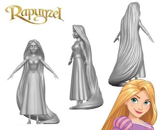 Może przedstawiać: Trójwymiarowy model Rapunzel z filmu Disneya Zaplątani. Model jest pokazany z trzech różnych perspektyw, z długimi włosami postaci opadającymi na plecy. Model jest w kolorze szarym, co reprezentuje trójwymiarowy model.