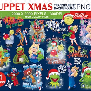 May include: A digital download graphic featuring 24 Christmas-themed designs of Muppet characters. The images include Kermit, Miss Piggy, Fozzie Bear, and others, all wearing Santa hats and festive attire. Text includes "Muppet Xmas" and "Instant Download."