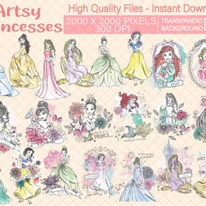 21 Designs. Hand drawn Princesses Transparent background PNG for Stickers, Scrapbooking, Decorations, sublimation, tee, tumbler, gifting