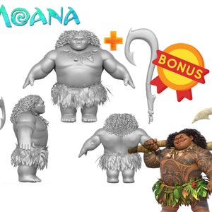 May include: A 3D printed model of Maui from the Disney movie Moana. The model is shown in three different poses, including a front view, a side view, and a back view. The model is made of a gray plastic and has a detailed design. The model is also shown with a bonus hook weapon.