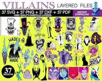 37 digital movie villain designs for cutting machine, sublimation, printing. Layered svg, high res transparent background png, dxf, pdf.