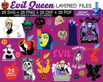 25 imágenes SVG de la Reina Malvada de Blancanieves con fondo transparente en alta resolución (PNG, DXF, PDF). Paquete de imágenes prediseñadas de villanos clásicos: la Reina Malvada, para Cricut y Silhouette.