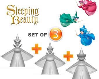 May include: Set of three Sleeping Beauty fairy figurines. The fairies are wearing gowns in shades of pink, blue, and green. The fairies are holding wands and have wings. The set includes a silver figurine of the fairy with a white gown.