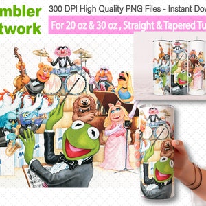May include: A set of three 20 oz and 30 oz stainless steel tumblers featuring a colorful illustration of the Muppets playing musical instruments. The tumblers are available in straight and tapered styles.  300 DPI High Quality PNG Files - Instant Download. For 20 oz & 30 oz, Straight & Tapered Tumbler.