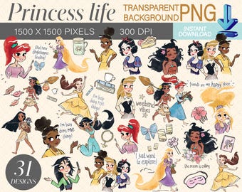 31 aquarel prinsessen clip art PNG transparante achtergrond prinses sticker, DIY, afdrukbaar, sublimatie, afdrukken en vervolgens knippen Cricut bundel