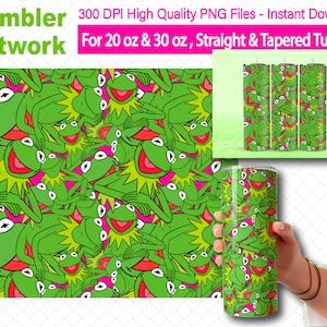 Puede incluir: Una descarga digital de un diseño de vaso de 20 oz o 30 oz con un patrón repetitivo de la cara de Kermit la Rana sobre un fondo verde y rosa. El diseño está disponible en estilos de vaso recto y cónico.