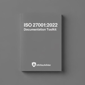 以下が含まれることがあります： 白い文字で「ISO 27001:2022 Documentation Toolkit」と書かれた灰色の本。 本の下部にはセキュリティシールドのロゴと「InfoSecAdvise」の文字があります。 背景は無地の灰色です。