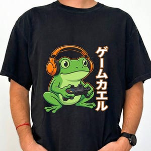 Gaming Frog PNG Sublimatieontwerp Japanse Katakana DTF Shirt Grafische afbeelding Gamer Koptelefoon Clipart Digitale Download PNG-bestand