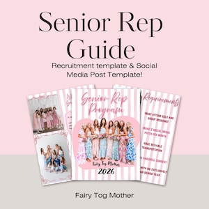 Puede incluir: Una Guía Senior Rep rosa y blanca con el texto "Senior Rep Guide" y "Recruitment template & Social Media Post Template!". La guía incluye fotos de mujeres jóvenes y el texto "Fairy Tog Mother 2026".